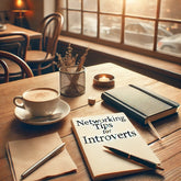 A thoughtful and welcoming blog photo representing networking tips for introverts. The image shows a cozy, quiet coffee shop setting with a notebook,